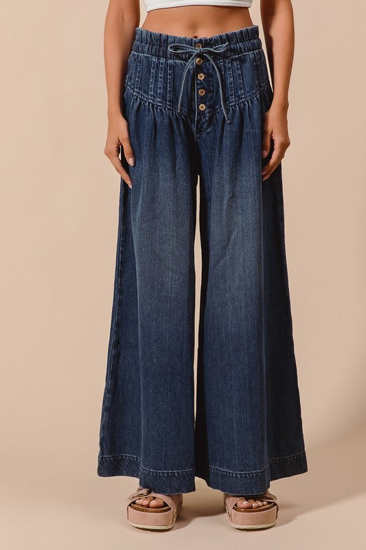 Wide Leg High Waist Denim Pants (Denim & Dark Denim)