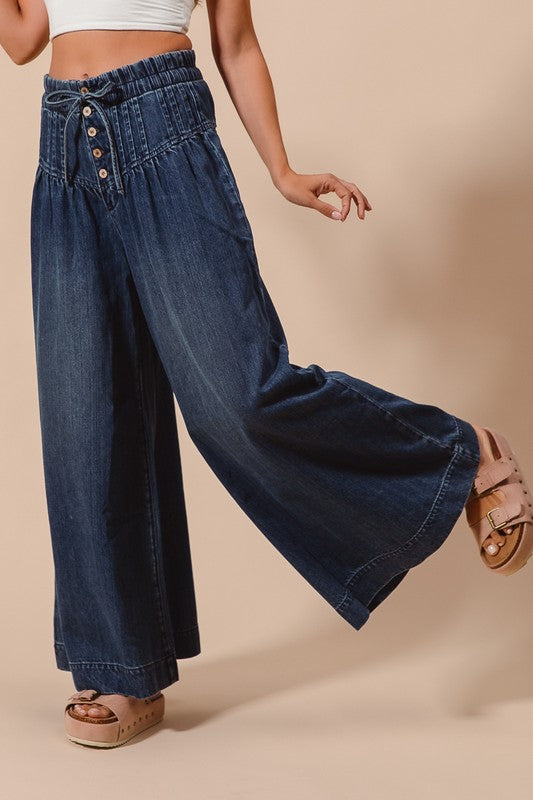 Wide Leg High Waist Denim Pants (Denim & Dark Denim)