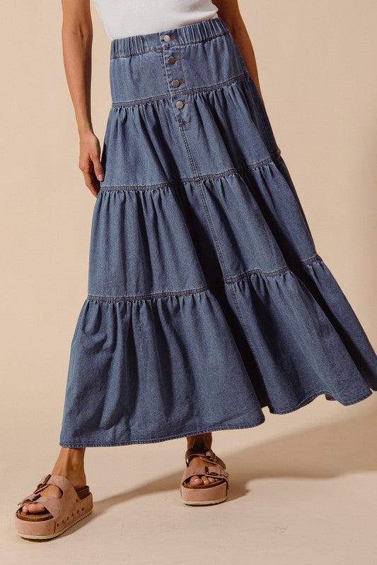 Shirred Denim Block Flowy Maxi Skirt