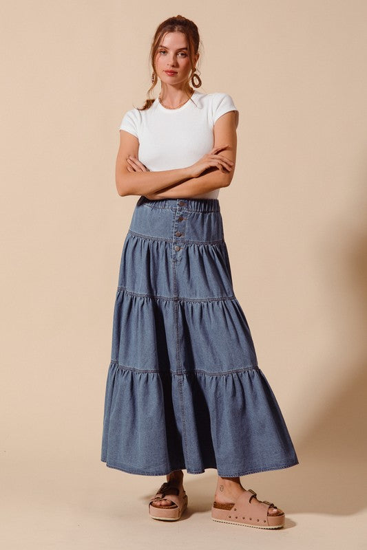 Shirred Denim Block Flowy Maxi Skirt
