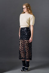 Black Floral Sequin Midi Skirt