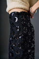 Black Floral Sequin Midi Skirt
