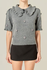 Ruffled Collar Grey Knit Top
