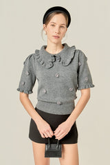 Ruffled Collar Grey Knit Top