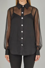 Black Sheer Rhinestone Button Blouse