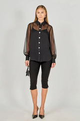 Black Sheer Rhinestone Button Blouse