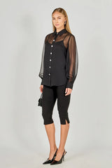 Black Sheer Rhinestone Button Blouse