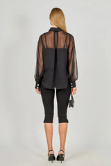 Black Sheer Rhinestone Button Blouse
