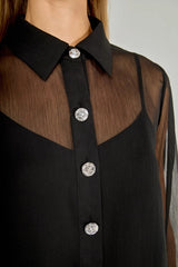 Black Sheer Rhinestone Button Blouse