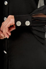 Black Sheer Rhinestone Button Blouse