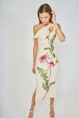 One Shoulder Flower Detail Maxi Dress