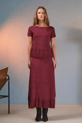 Burgundy Fringe Hem Knit Midi Skirt