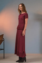Burgundy Fringe Hem Knit Midi Skirt