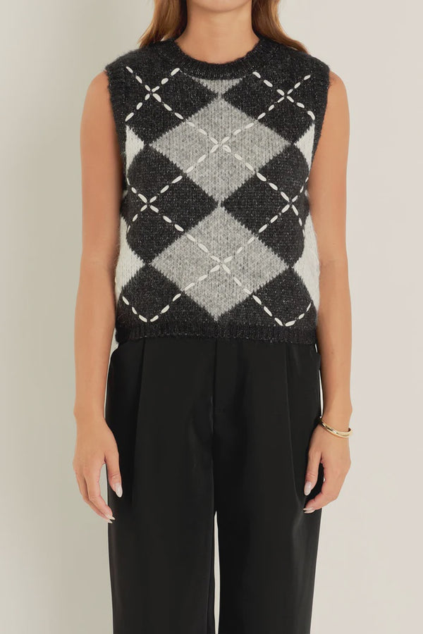Argyle Pattern Ribbed Sleeveless Vest