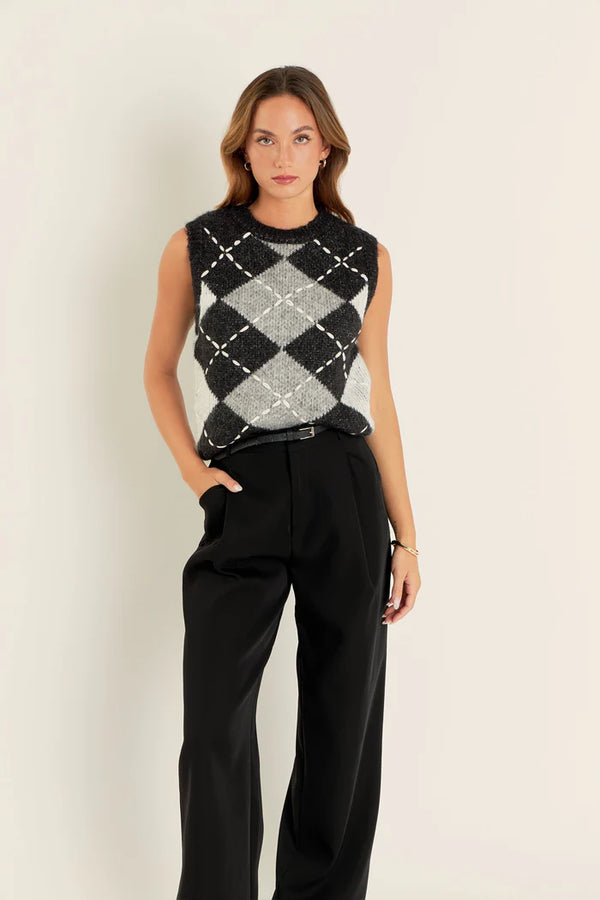 Argyle Pattern Ribbed Sleeveless Vest