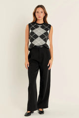 Argyle Pattern Ribbed Sleeveless Vest