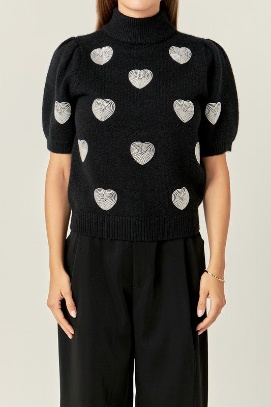 Beaded Heart Puff Sleeve Knit