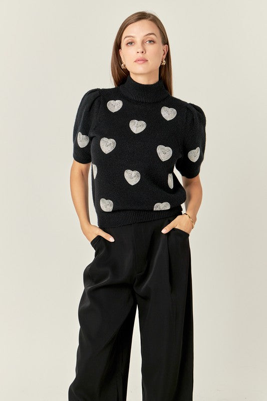 Beaded Heart Puff Sleeve Knit
