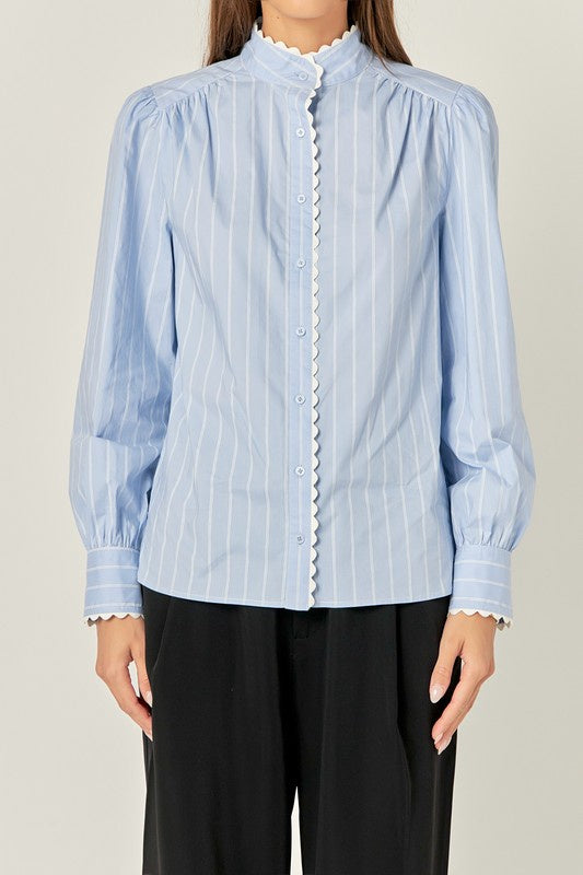 Scalloped Trimmed Stripe Shirt Blouse