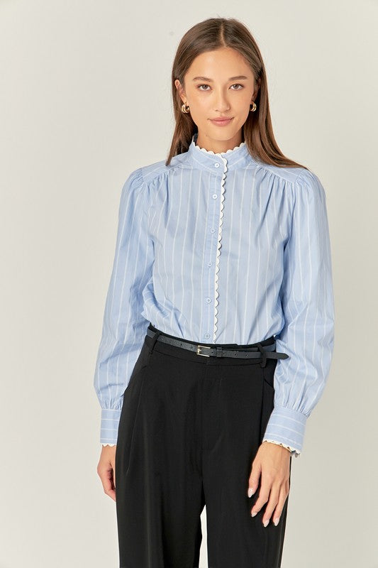 Scalloped Trimmed Stripe Shirt Blouse