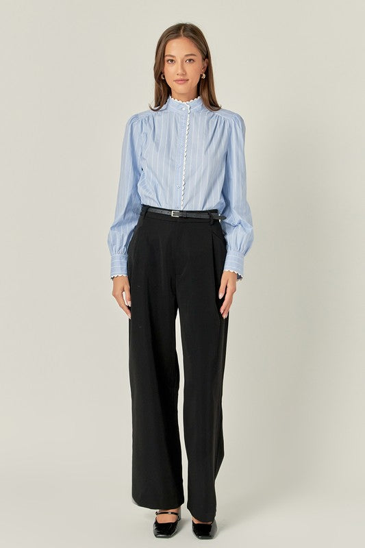 Scalloped Trimmed Stripe Shirt Blouse