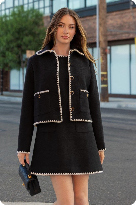 Contrast Embroidery Bouclé Jacket