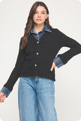 Denim Contrast Cable-Knit Cardigan