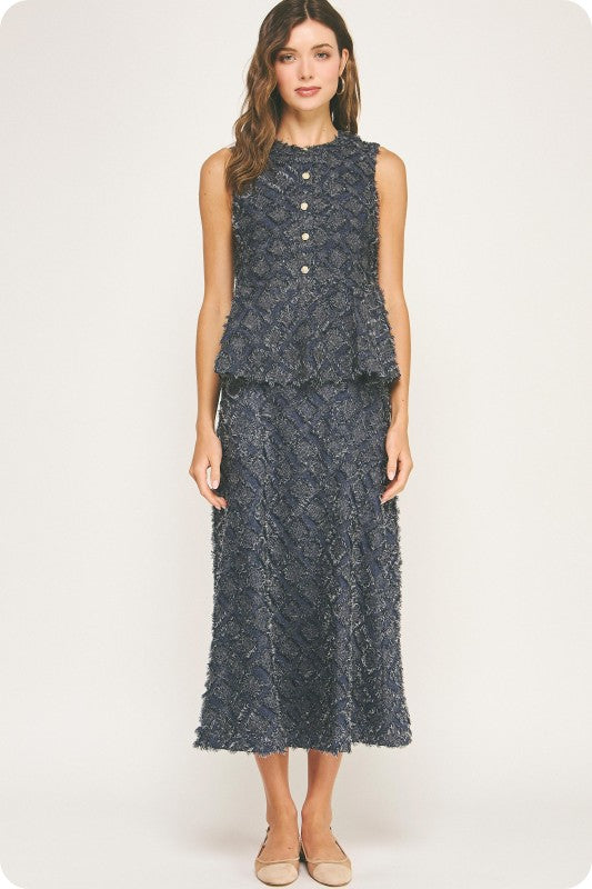 Textured Fray Plaid Midi Skirt