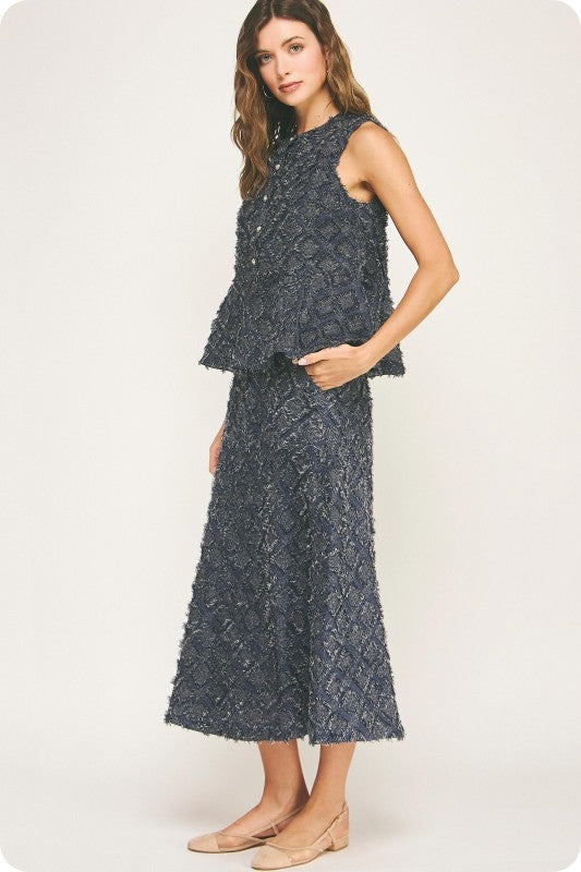 Textured Fray Plaid Midi Skirt