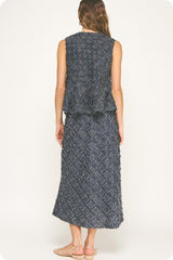 Textured Fray Plaid Midi Skirt