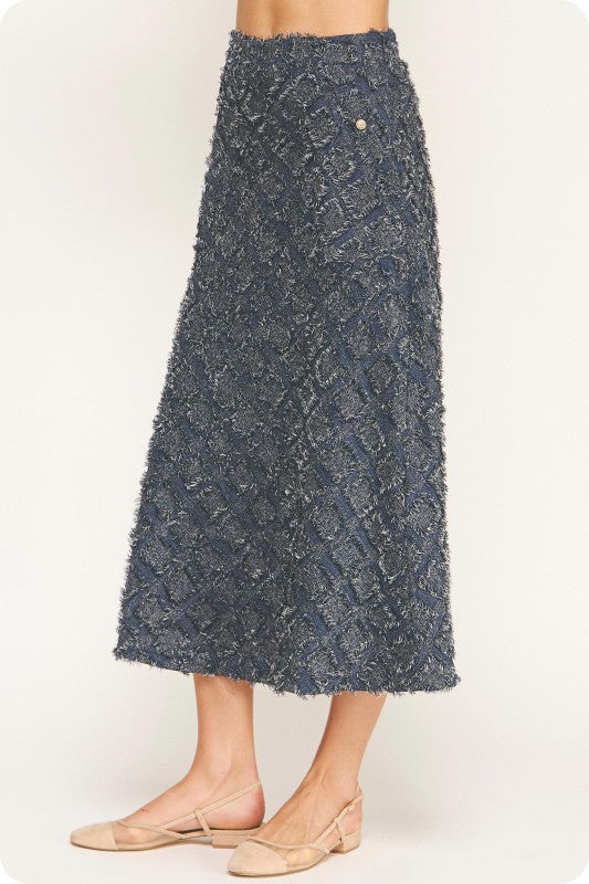 Textured Fray Plaid Midi Skirt