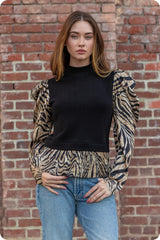 Zebra Printed Satin Mixed Knit Top