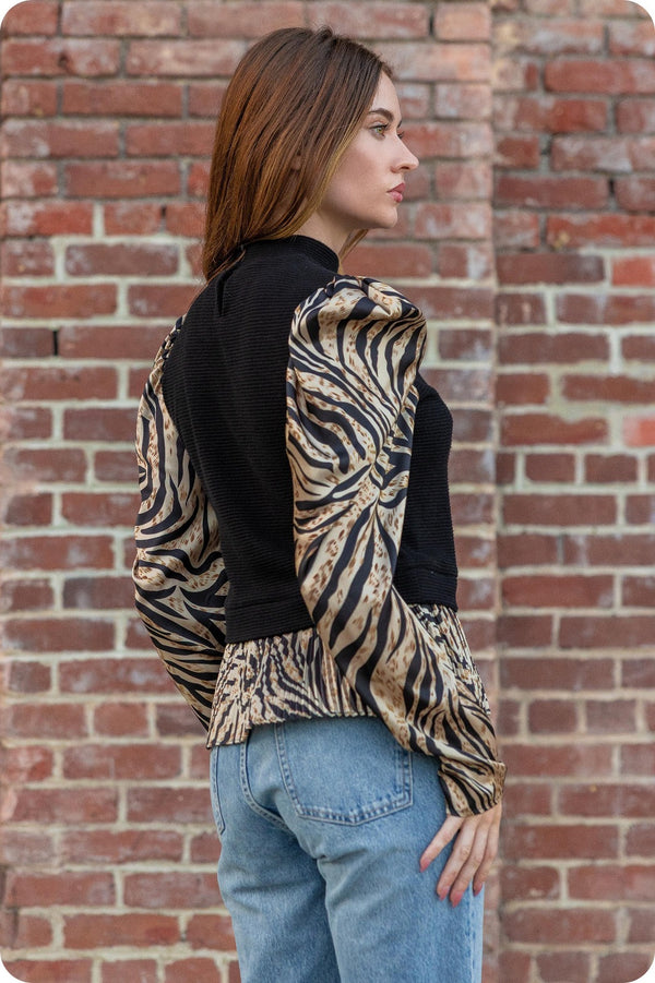 Zebra Printed Satin Mixed Knit Top
