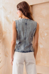 Ruffle Trim Denim Vest (Up To XL)