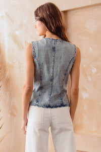 Ruffle Trim Denim Vest (Up To XL)