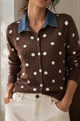 Polka Dot Denim Collar Knit Cardigan