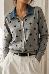 Polka Dot Denim Collar Knit Cardigan