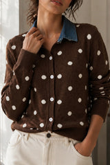 Polka Dot Denim Collar Knit Cardigan