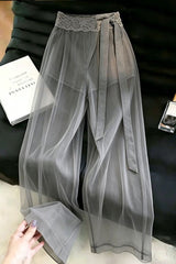 Lace Waist Mesh Wide-Leg Pants
