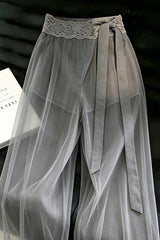 Lace Waist Mesh Wide-Leg Pants