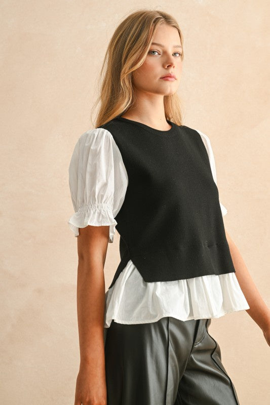 Layered Knit Vest & Puff Sleeve Blouse Top