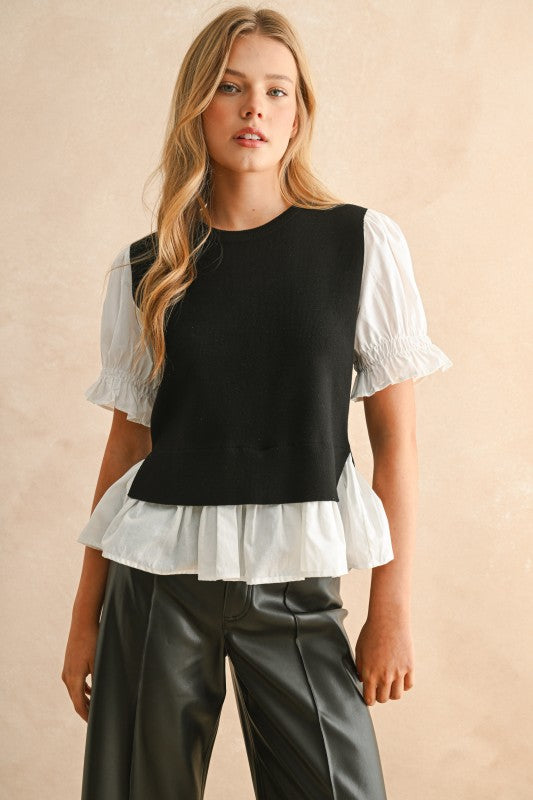 Layered Knit Vest & Puff Sleeve Blouse Top