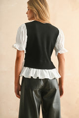 Layered Knit Vest & Puff Sleeve Blouse Top