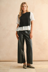 Layered Knit Vest & Puff Sleeve Blouse Top