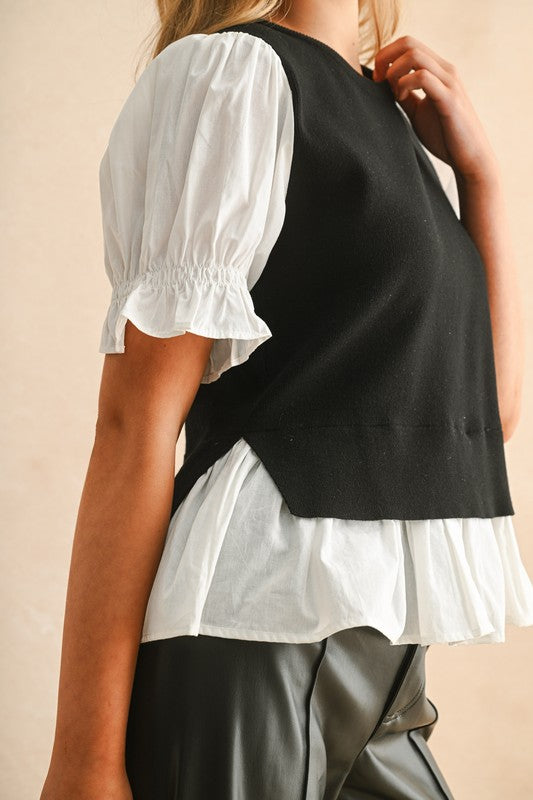 Layered Knit Vest & Puff Sleeve Blouse Top