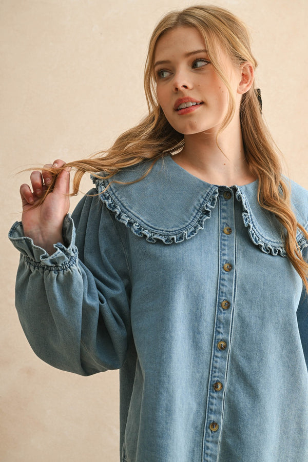 Ruffle Collar Denim Blouse