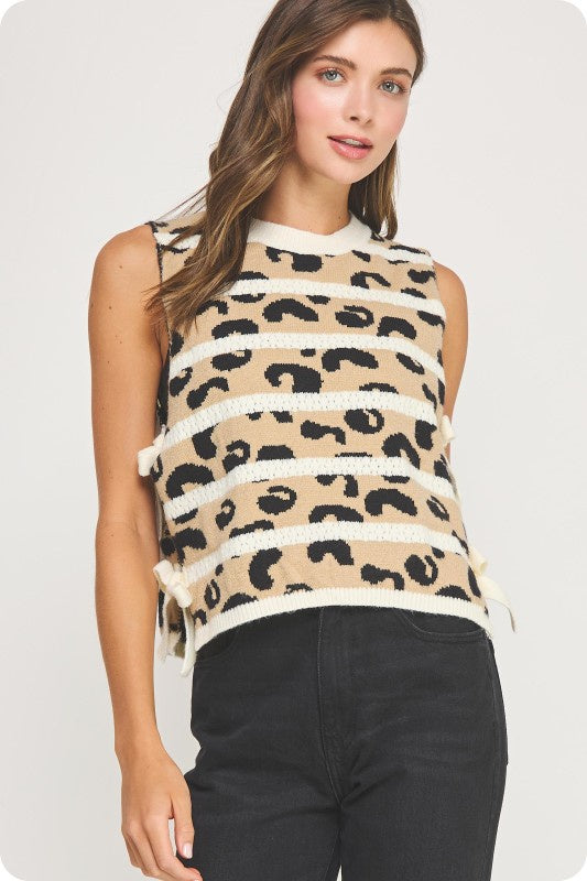 Leopard Stripe Open-Side Bow Knit Vest