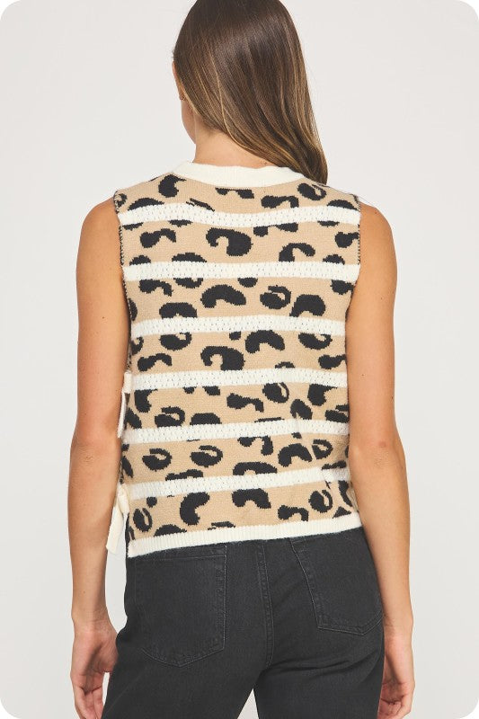 Leopard Stripe Open-Side Bow Knit Vest