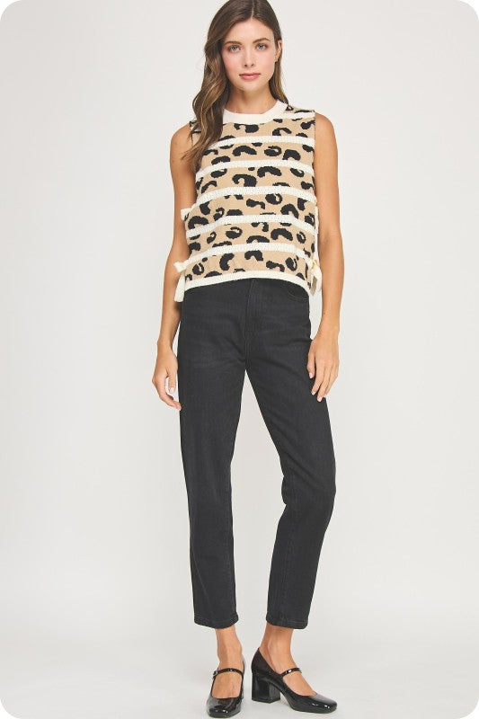 Leopard Stripe Open-Side Bow Knit Vest