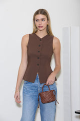 Split Front Button Down Long Line Vest Top  (2 Color Ways)